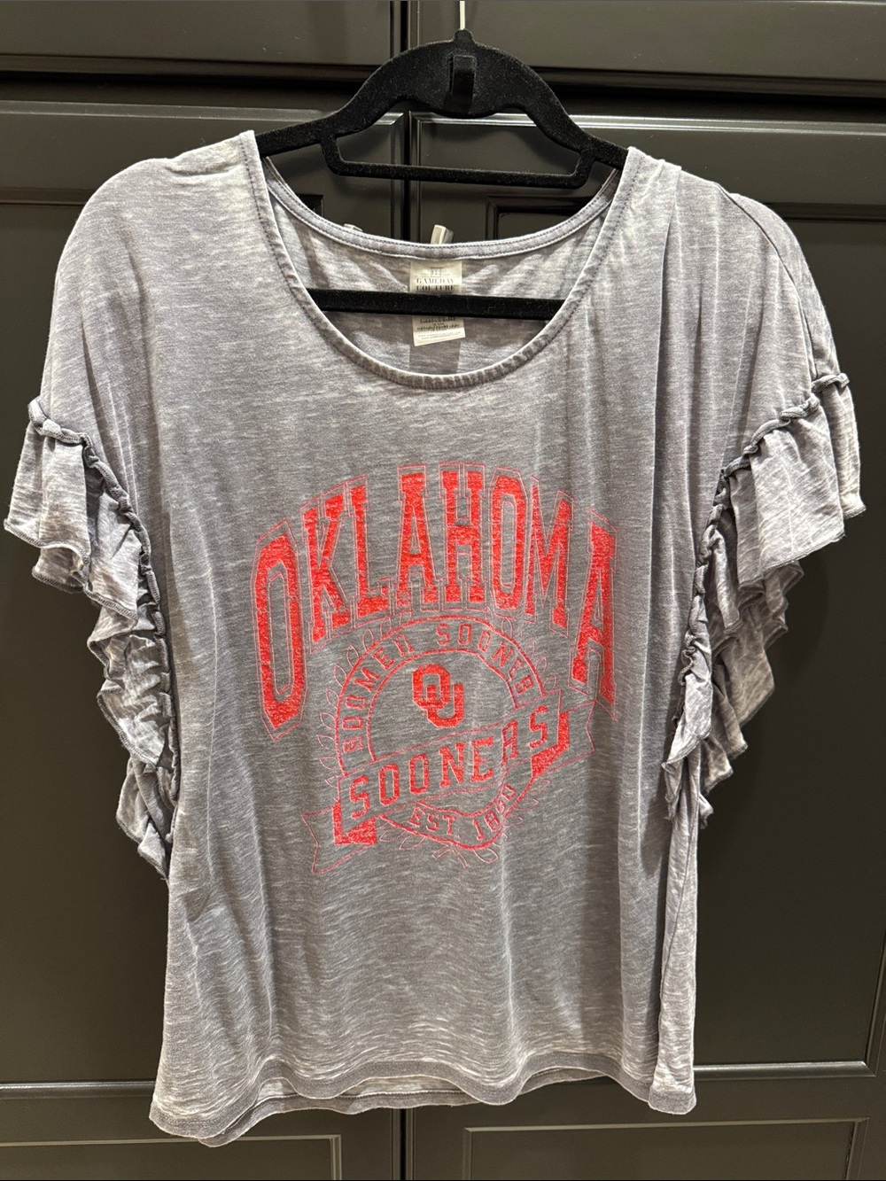 Gameday Couture Oklahoma Sooners Gray Ruffle Sleeve Women's Tee
